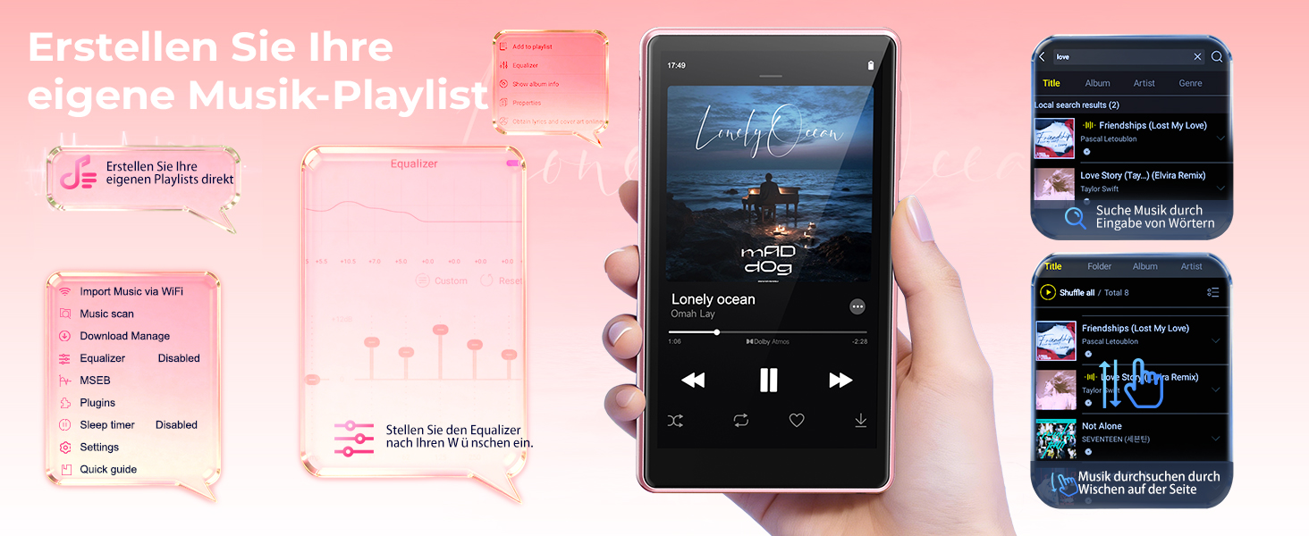 MP3 плеєр з підтримкою Spotify, Bluetooth та WiFi, сенсорний екран 4.5