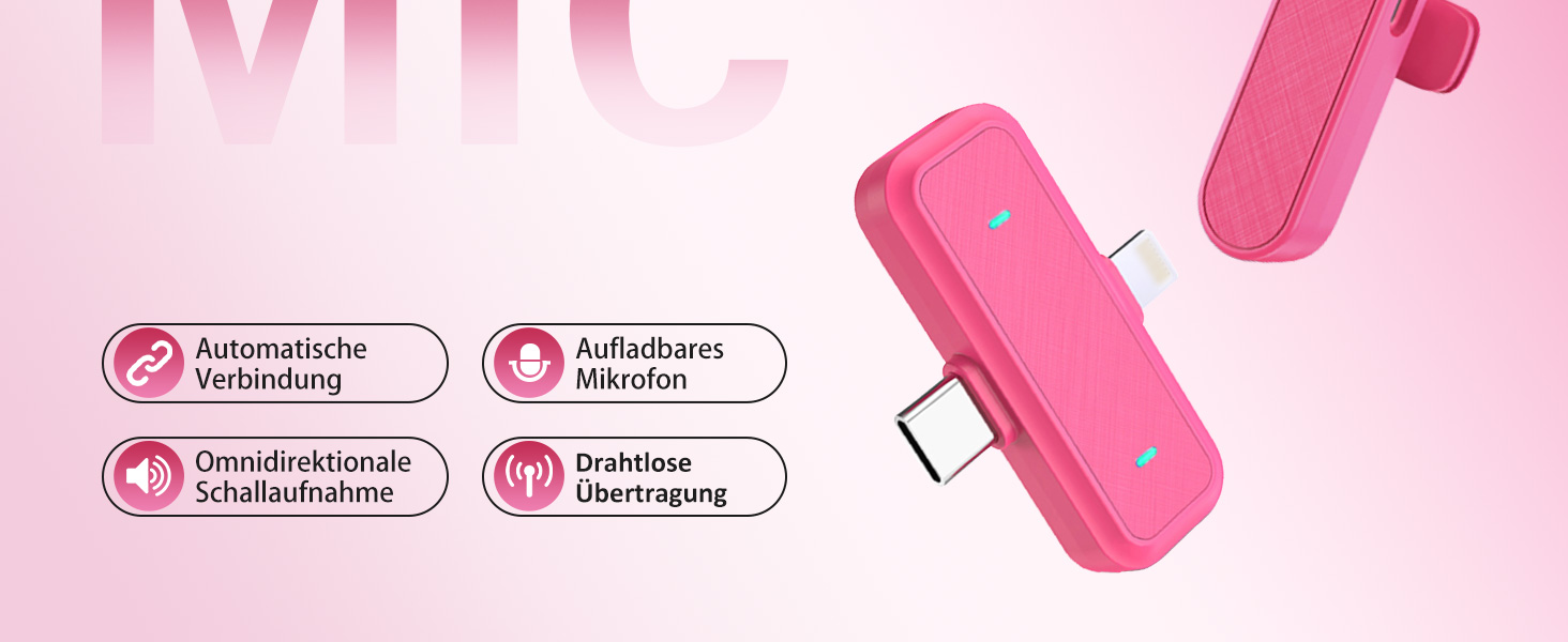 Беспроводной петличный микрофон Bayanbulu для iPhone, iPad, Android, TikTok, YouTube, Vlog (2 шт., Розовый)