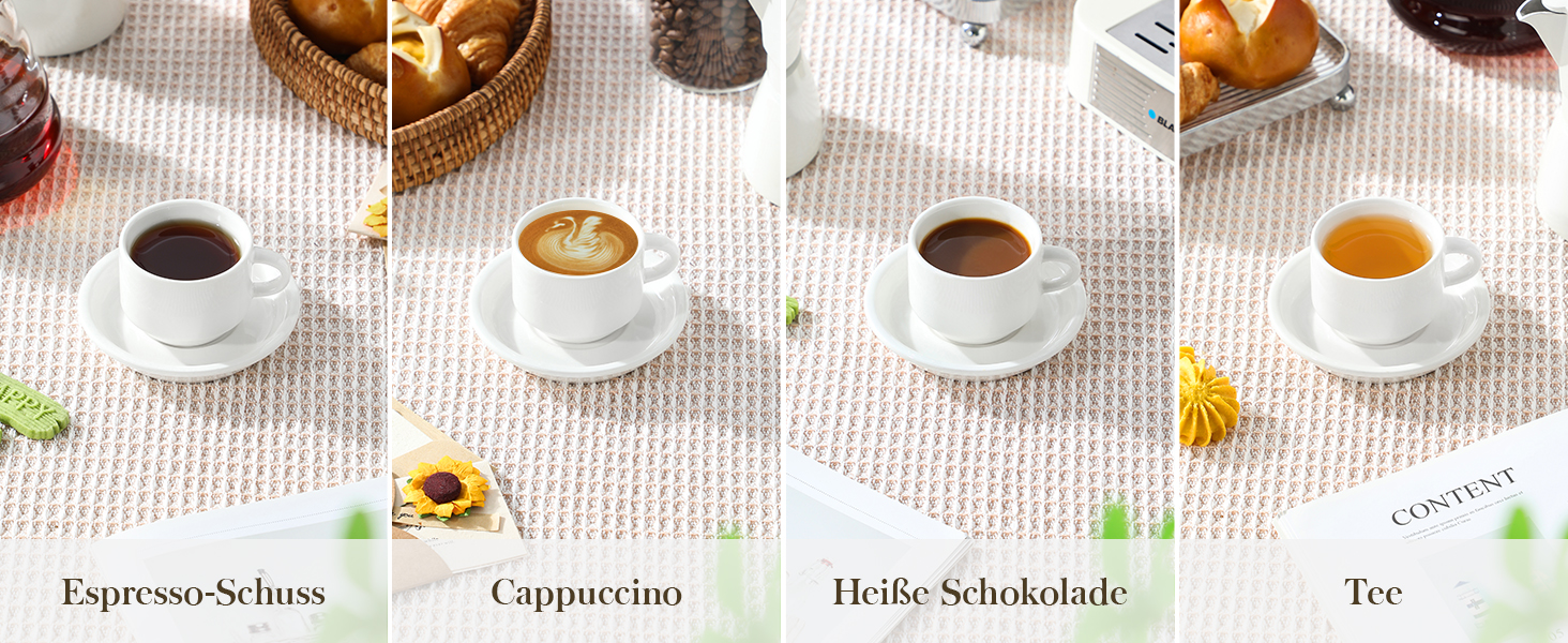 Набір чашок еспресо MALACASA 4 шт., 75 мл, з підставками та стійкою, біле порцелянове виробництво Італії, сумісні з посудомийною машиною, серія Regular 75 мл