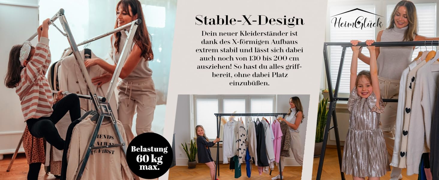 Clothes Rack / Laundry Rack + Bag Moritz [Extendable 1.30-2.0m, foldable, very stable stainless steel] Clothes Rail, Coat Rack, Entrance Hall Wardrobe, Open Wardrobe (Black, with hooks / with bag / with wheels)