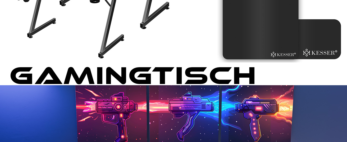 Ігровий стіл KESSER Gaming 120x60 см, Z-подібний ергономічний комп'ютерний стіл з карбоновим покриттям, підставкою для напоїв та гачком для навушників, чорний