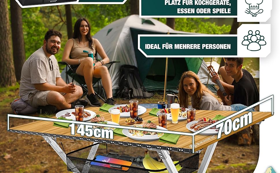 Складний кемпінговий стіл KESSER® 120x70 см з алюмінієвим каркасом та стільницею під дерево, до 100 кг, з сумкою для транспортування