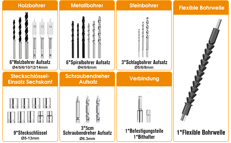 Акумуляторний шуруповерт AKZWOXRO 21V з 2 акумуляторами 2.0Ah, 42Nm, 2 швидкості, 25+3 ступені крутного моменту, патрон 10мм, LED ліхтик, 30-ти елементний набір для дому та саду, DIY проєкти