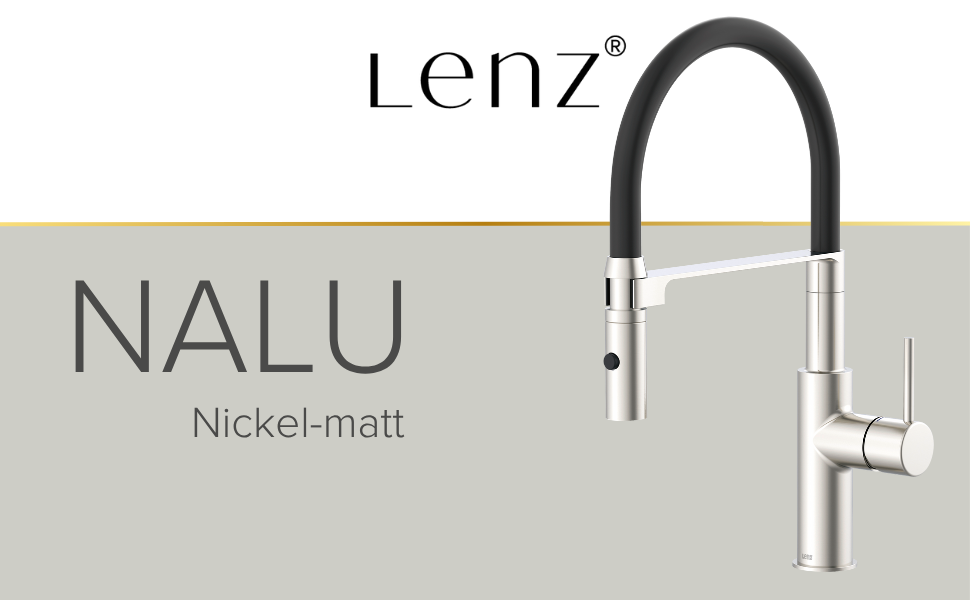 Кухонний змішувач Lenz NALU нікель-матова поверхня, висувна насадка, 2 режими, економія води, антифотковідбиток, монтаж зверху, артикул 46070422