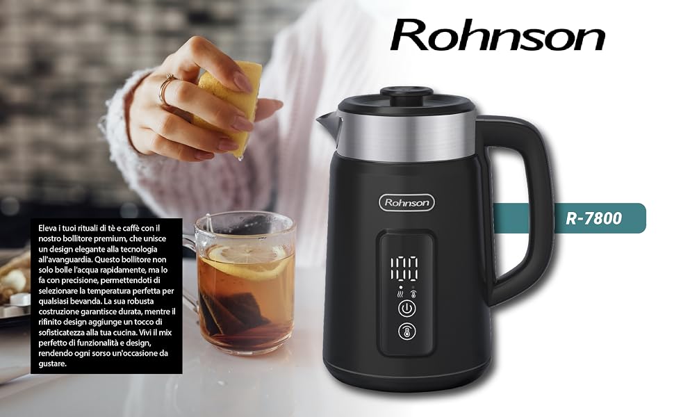 Електричний чайник Rohnson R-7800, 1.5л, LED-дисплей, 6 режимів температури, функція підігріву, нержавіюча сталь, подвійні стінки