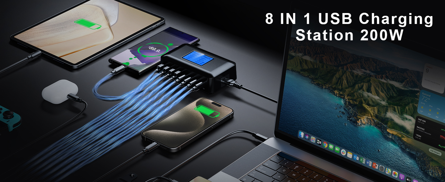 Зарядний пристрій RENGOGA 200W USB-C GaN 8 портів з LED дисплеєм для MacBook, iPad, iPhone, Samsung Galaxy - чорний