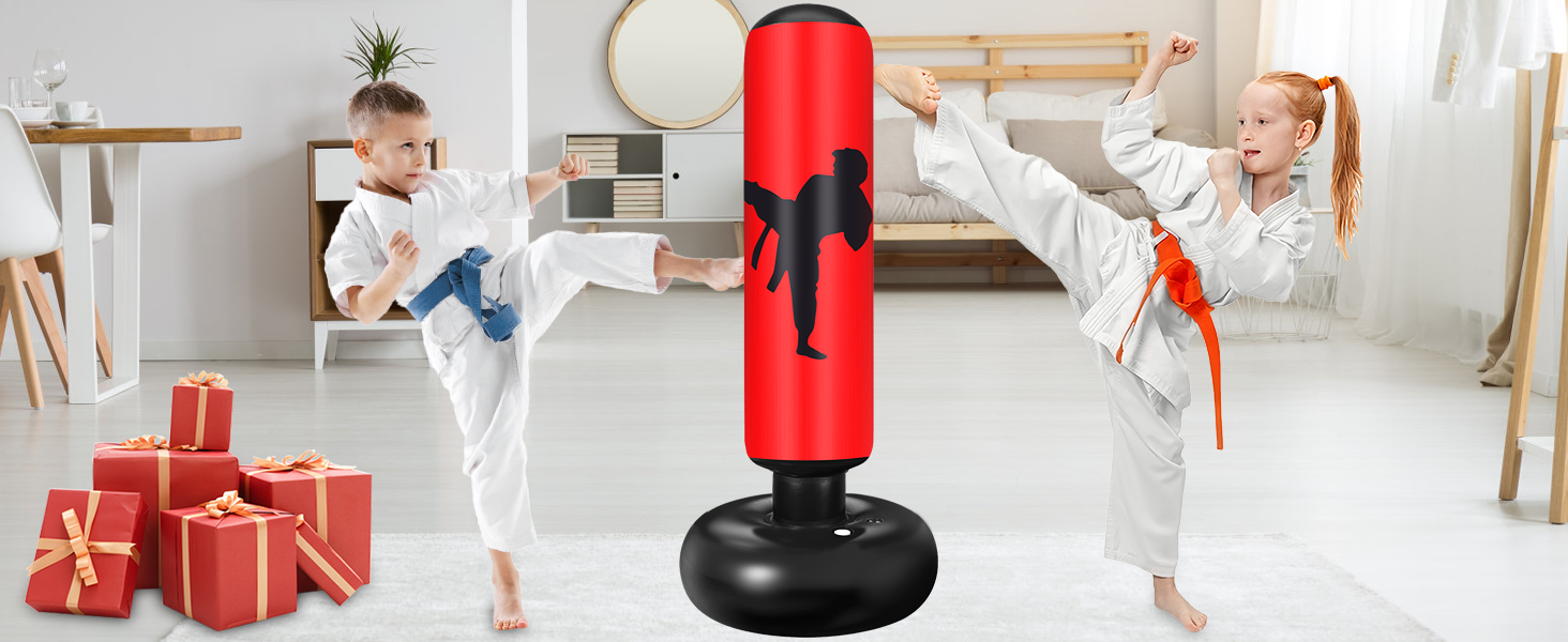 Боксерський мішок для дітей Ninonly з рукавичками та насосом. Ідеально для дому, вулиці, спортзалу від 6 років. Червоний.