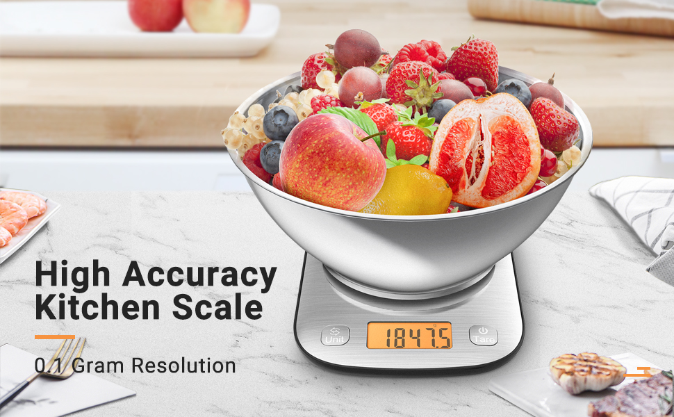 Digital Kitchen Food Scale with Bowl - Stainless Steel, 11lb/0.01oz, IPX6 Waterproof - for Baking, Cooking, Dieting