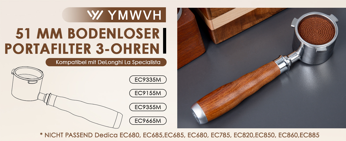 Портфільтр з 3 вушками для кавомашини De'Longhi La Specialista, 51 мм, моделі EC9335, 9155, 9355, 9665, нержавіюча сталь, дерев'яна ручка з горіха