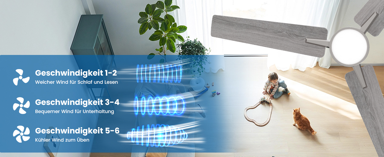 Стеляний вентилятор Newday білий, 122 см з підсвіткою та пультом керування. Безшумний вентилятор для стелі з лампою, регульована яскравість, DC мотор, реверсивний для спальні та вітальні (107-silber-holz)