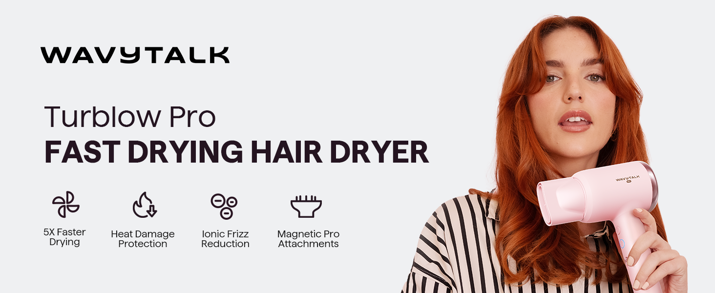 Фен Wavytalk TURBLOW PRO з дифузором: швидке сушіння, 110 000 обертів/хв, іонізація, гладкість, рожевий