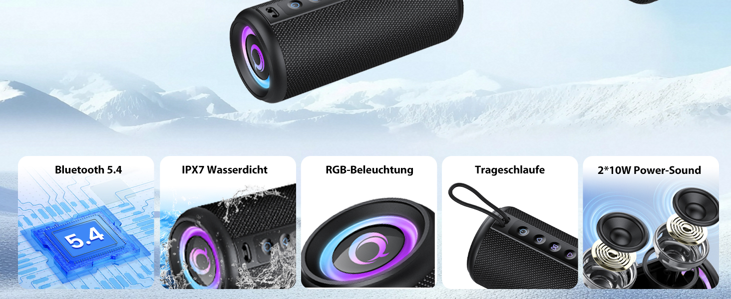 Bluetooth колонка 2026 з RGB підсвіткою, портативна, водонепроникна IPX7, з мікрофоном, для дому, саду та подорожей, чорна