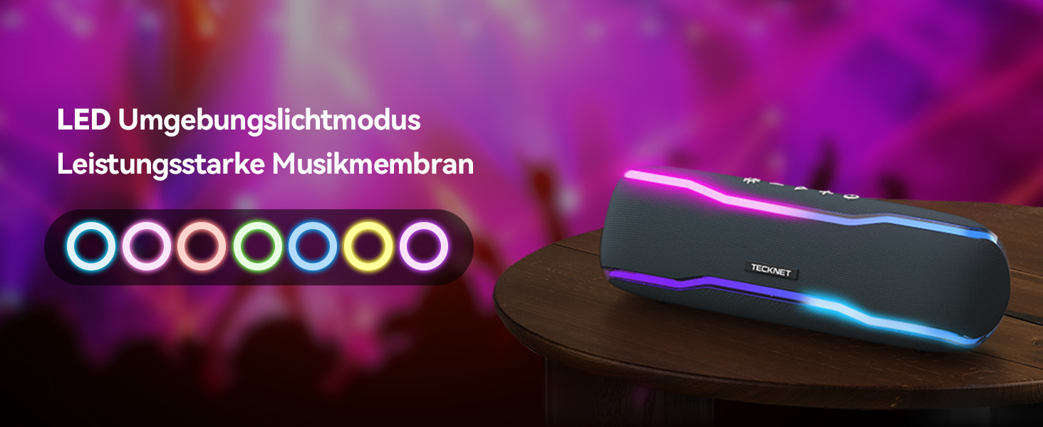 TECKNET Bluetooth колонка з підсвіткою, IPX7, 30W, чорна - портативна бездротова колонка Bluetooth 5.3 для вечірок, подорожей
