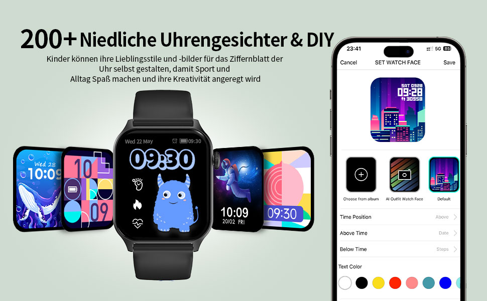 Дитячий розумний годинник Kinderuhr: фітнес-трекер з пульсометром, лічильником кроків, будильником, IP68, водонепроникний, для хлопчиків та дівчаток, рожевий