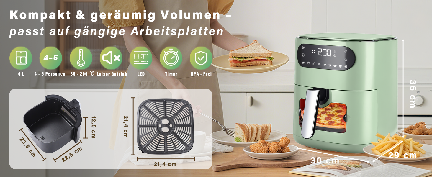 Фритюрниця повітряна 6л з окремим кошиком, прозорим вікном, 7 програм приготування, 11 функцій, тиха, легка чистка, таймер, сенсорний екран, 10 листів пергаментного паперу для сімейного використання (зелена)