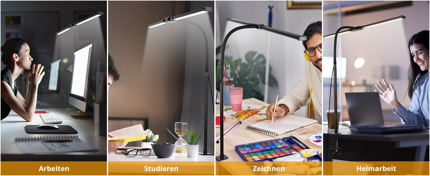 LED лампа настільна з двома головками, регулювання яскравості, 960 люмен, захист очей, 5 кольорів, 10 рівнів яскравості, для офісу та дому, чорна, 61 см