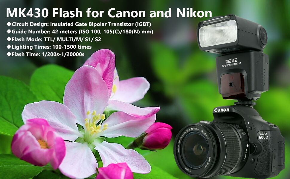 Meike MK430 E-TTL спалах для Canon EOS DSLR: 70D, 77D, 80D, T7i, T6i, T6s, T6, T5i, T5, T4i, T3i, SL2 та інші
