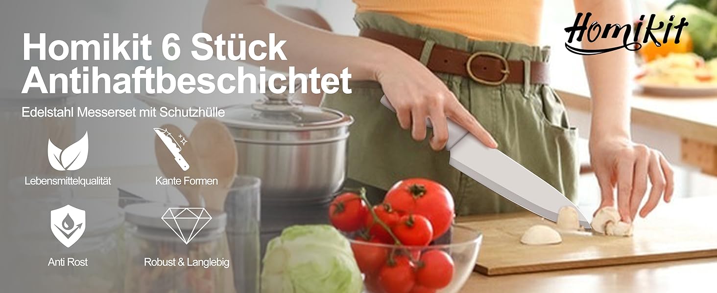 Набір кухонних ножів Homikit, нержавіюча сталь, 6 предметів, з захисним чохлом. Включає: кухарський ніж, ніж для м'яса, ніж для хліба, універсальний ніж, ніж для очищення овочів, сатокі. Антипригарне покриття, Khaki