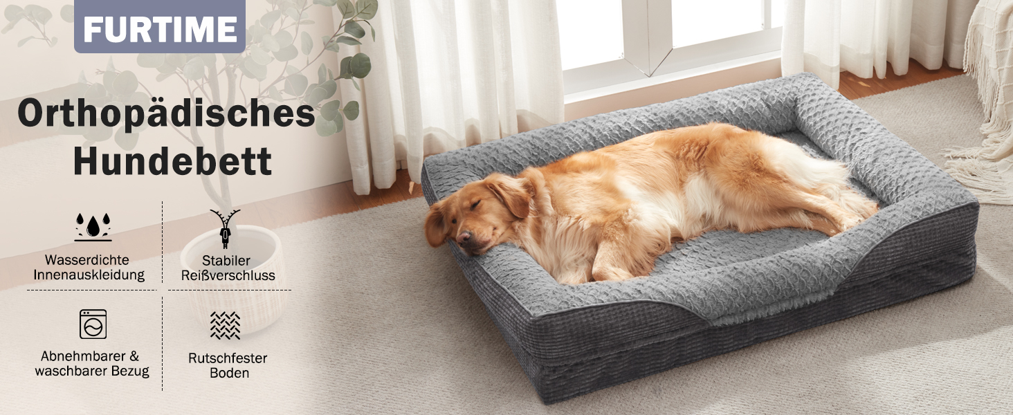 Ортопедичне ліжко для собак середніх та великих порід FURTIME, з memory foam, сіре, 89x64x18 см