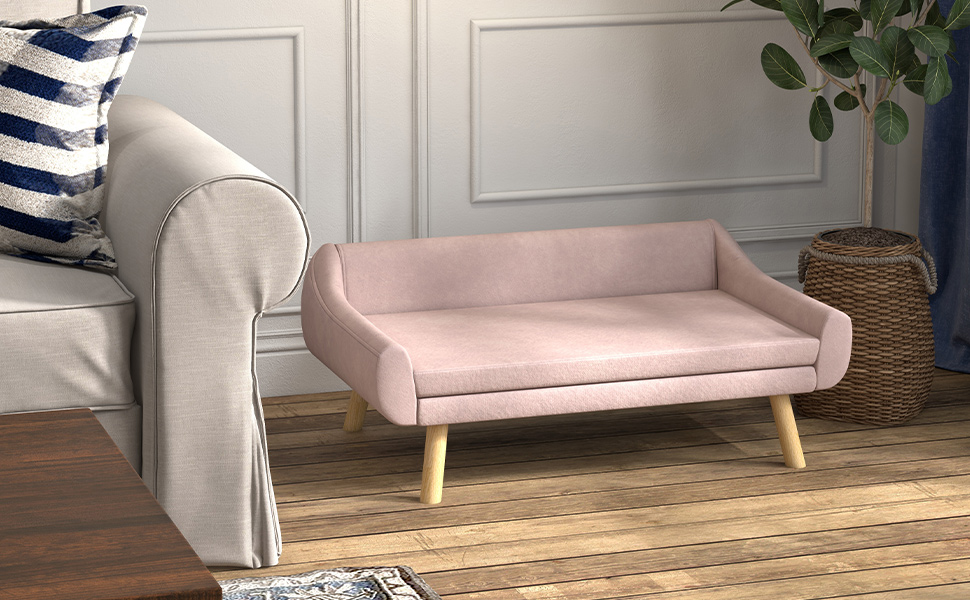 Диванчик для собак та котів PawHut з підлокітником, м'який лежак для домашніх тварин з дерев'яними ніжками, з подушкою, для собак середніх та великих порід, оксамит, 102 x 58,5 x 42,5 см (Рожевий)