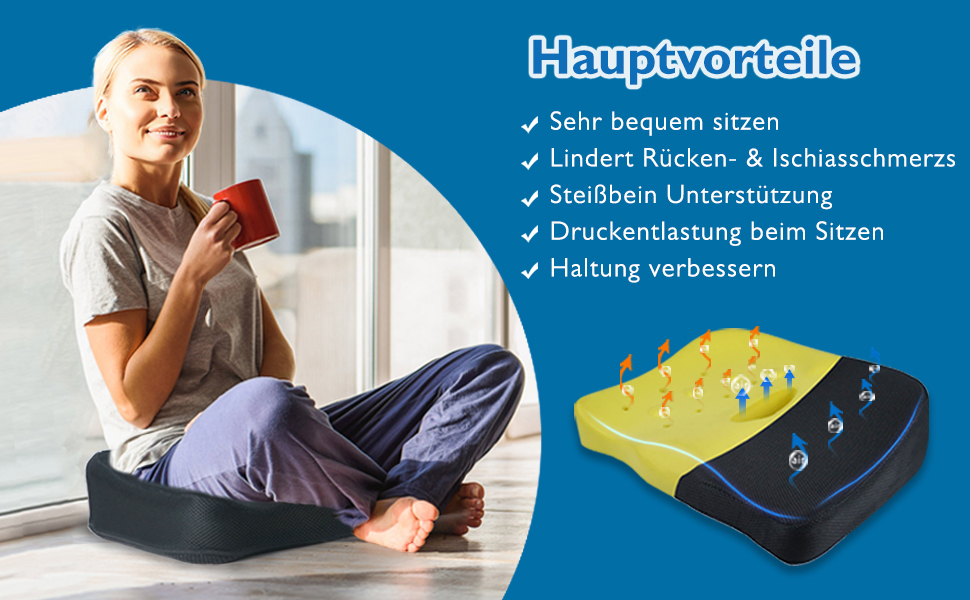 Подушка ортопедична для сидіння з піни Memory Foam, чорна 45x40 см. Зняття болю в спині, попереку, куприку та при ішіасі. Для офісного крісла, авто, інвалідного візка.