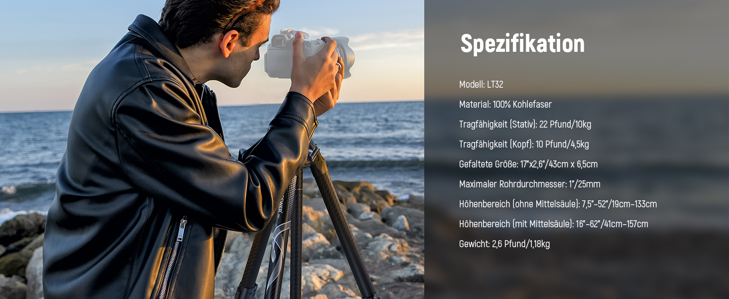 Штатив NEEWER LITETRIP 62' з вуглецевого волокна: компактний, ±15° вирівнювання, 360° панорама, знімний центральний стійка, швидка фіксація, Arca QR пластина, сумісний з Peak Design Capture V3