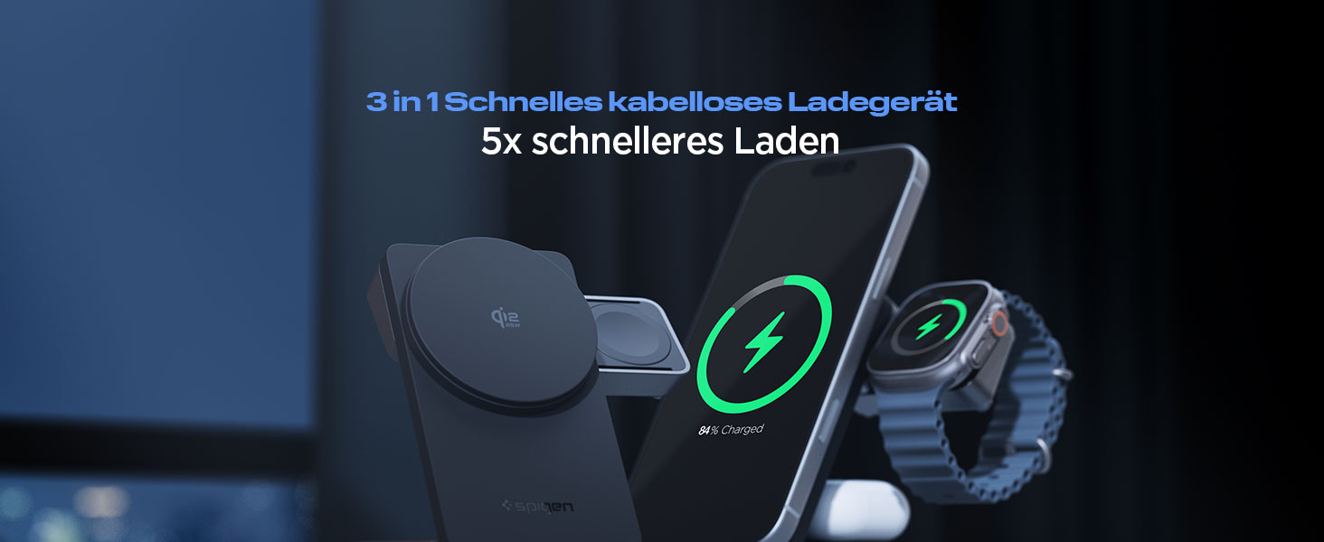 Зарядна станція Spigen Essential Qi2.2 25W 3-в-1 MagSafe для iPhone 17/16 Pro Max, Pixel 10 Pro, AirPods, Samsung Galaxy S26 Ultra - Чорна + USB-C кабель 2м