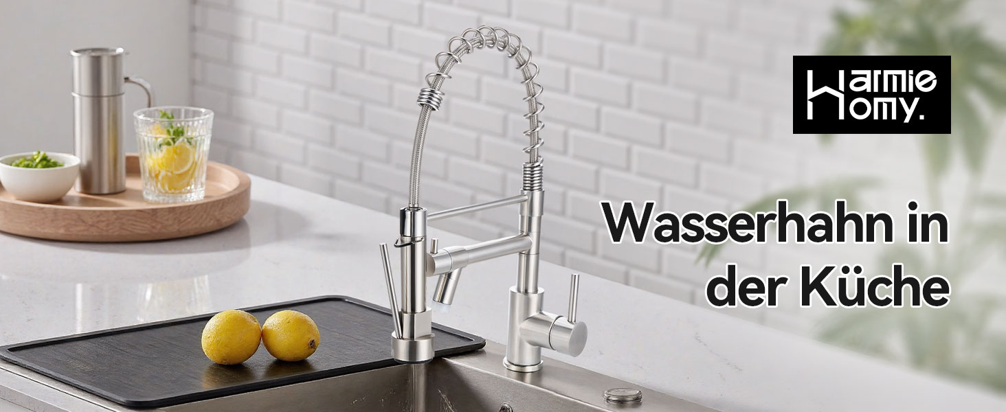 Сучасна кухонна змішувач Warmiehomy з LED-підсвічуванням, поворотний на 360°, з двома виливами, високий вигин, спіральна пружина, для мийки, з нержавіючої сталі, брашований нікель