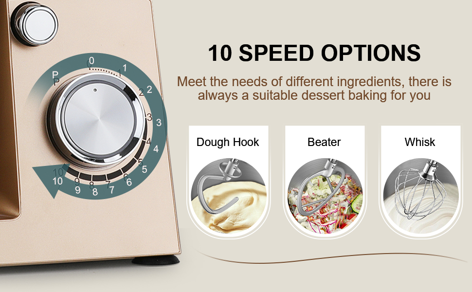 Кухонна машина Cheflee 1500W з місткими чашами з нержавіючої сталі (4.5L, 5.5L) та 10+ швидкостей, набір насадок (міксер, гак для тіста, вінчик, захист від бризок) (Золота)