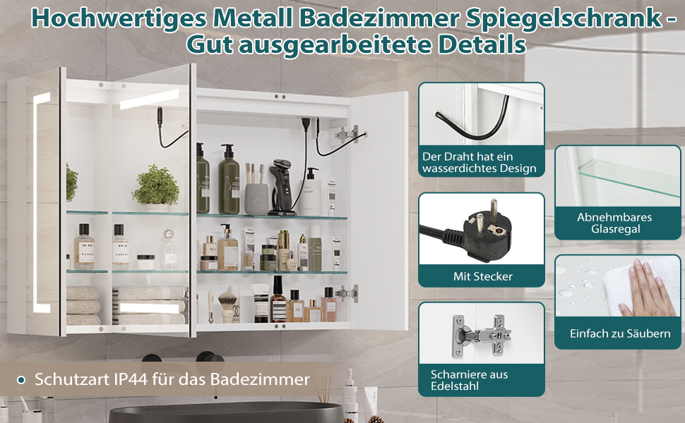 Дзеркальна шафа для ванної кімнати Dictac з LED-підсвічуванням та розеткою, 100x60x13.5 см, метал, полиці, 3 колірні температури, диммування, сенсорний вимикач, білий