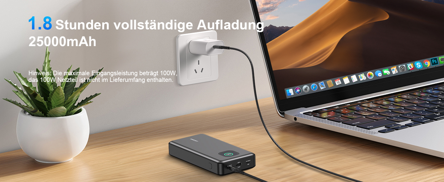 Power Bank 140W, 25000mAh з дисплеєм для ноутбука, MacBook, iPad, iPhone, Switch, Dell XPS (Сірий)