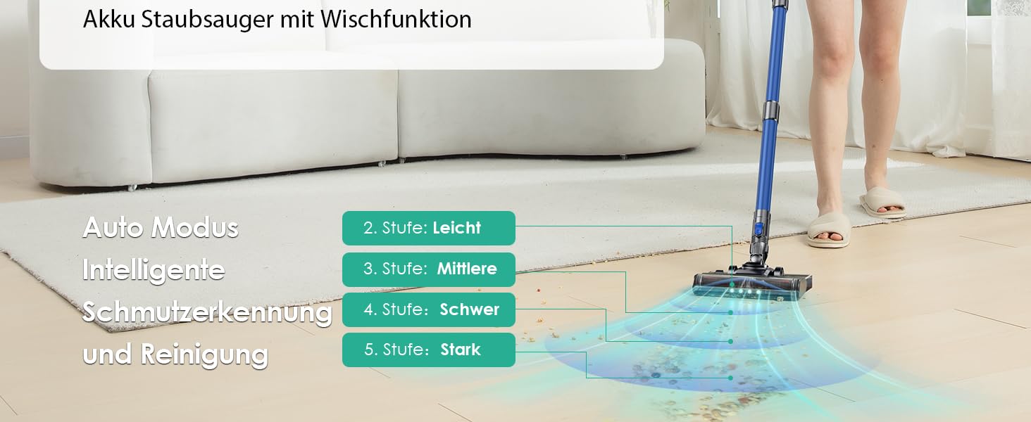Бездротовий акумуляторний пилосос з функцією миття підлоги, 45000 Па/550 Вт/60 хв, безщітковий двигун, LED-дисплей, самостійна парковка, для твердих поверхонь, килимів та шерсті тварин, блакитний