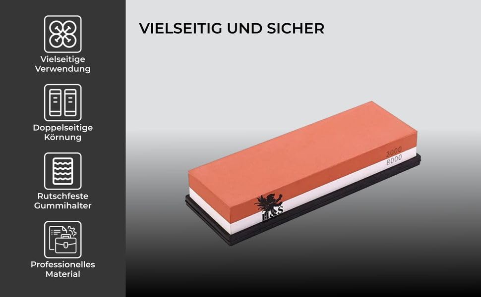 Набір точильного каміння H&S з неслизьким гумовим тримачем: двосторонній точильний камінь та брусок, зернистість 3000/8000, точилка для ножів, набір точильних каменів, мастильний камінь 10000, сталевий брусок