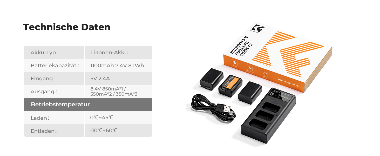 Акумулятор K&F Concept NP-FW50 1100mAh (3 шт.) з трьохслотним LCD зарядним пристроєм для Sony ZV-E10, Alpha A6000, A6300, A6400, A6500, A5000, A5100, a7, a7II, a7R, a7RII, a7S, a7SII