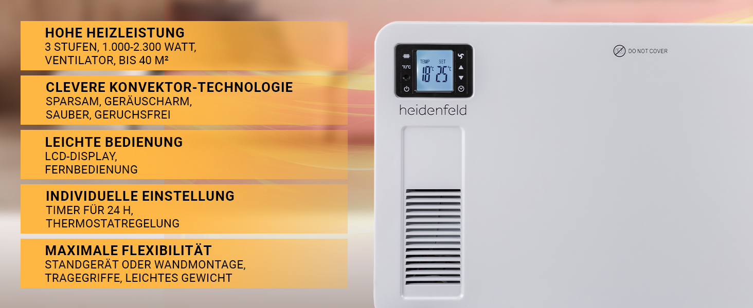 Електричний конвектор Heidenfeld EK100 | 3 роки гарантії, 2300 Вт, з пультом керування, для опалення до 40 м²