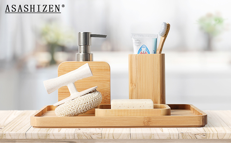 Набір аксесуарів для ванної кімнати Asashizen з бамбука (4 шт.), органайзер, мильниця, дозатор мила, стаканчики
