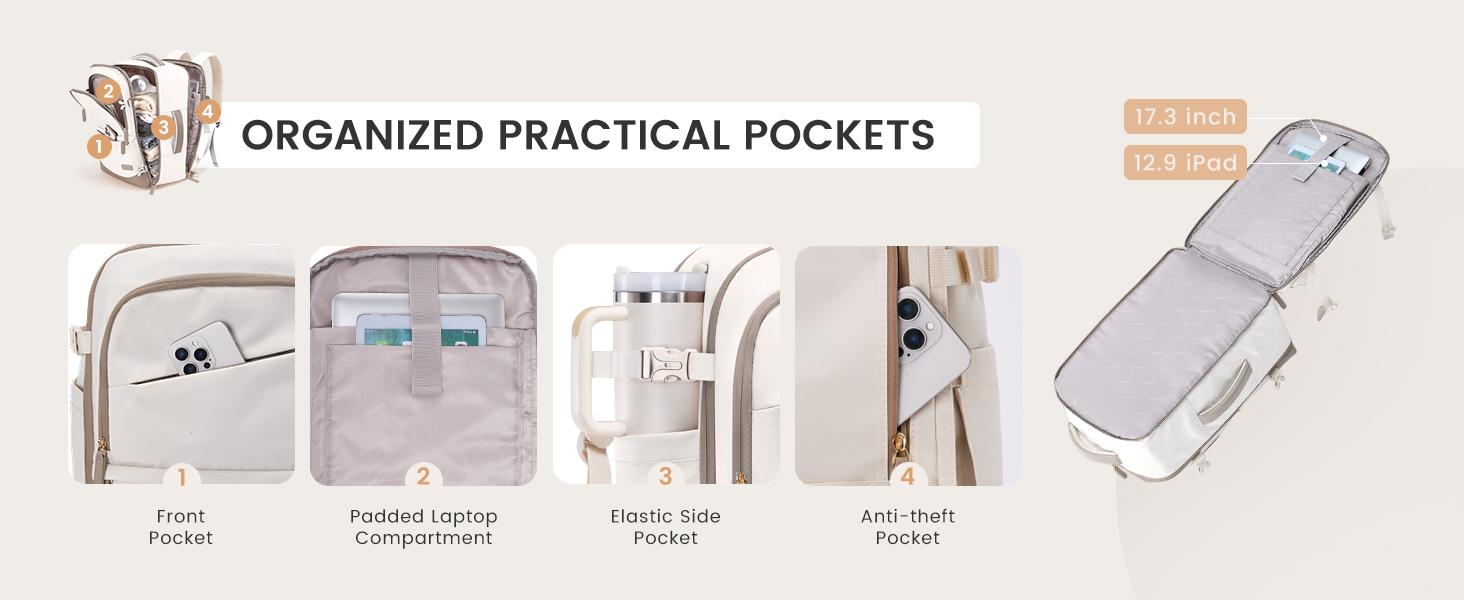 LOVEVOOK Рюкзак для ручної поклажі 40л, для подорожей, з відділенням для ноутбука 17.3 дюймів, з вологостійким відділенням, 45x36x20 см, бежевий/хакі
