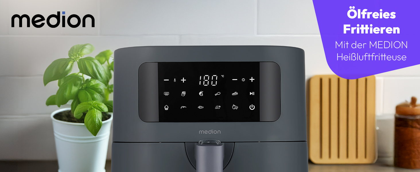 Аерофритюрниця MEDION E40 XL з функцією випікання, 5.2 л, 2150 Вт, 9 автопрограм, сенсорне керування, без ПФАС (ILAG), матовий сірий
