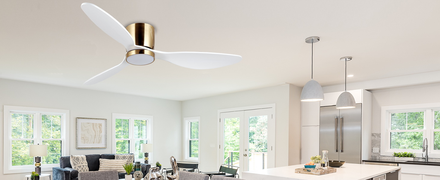 Стеляний вентилятор Reiga з LED-підсвічуванням та пультом керування, 132 см, тихий DC-двигун, 3 колірні температури, 3-лопатевий дизайн з дерева для спальні, вітальні та кухні, білий, монтаж на стелю