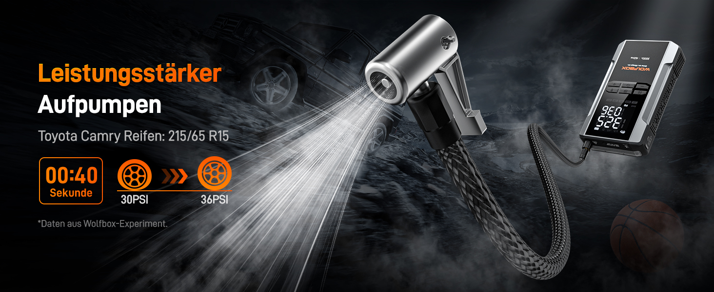 WOLFBOX 4000A Пускозарядний пристрій з компресором 160PSI, 12V, 65W, 88.8Wh, для бензинових/дизельних двигунів 10L, LED-ліхтар, кабелі, 4000A