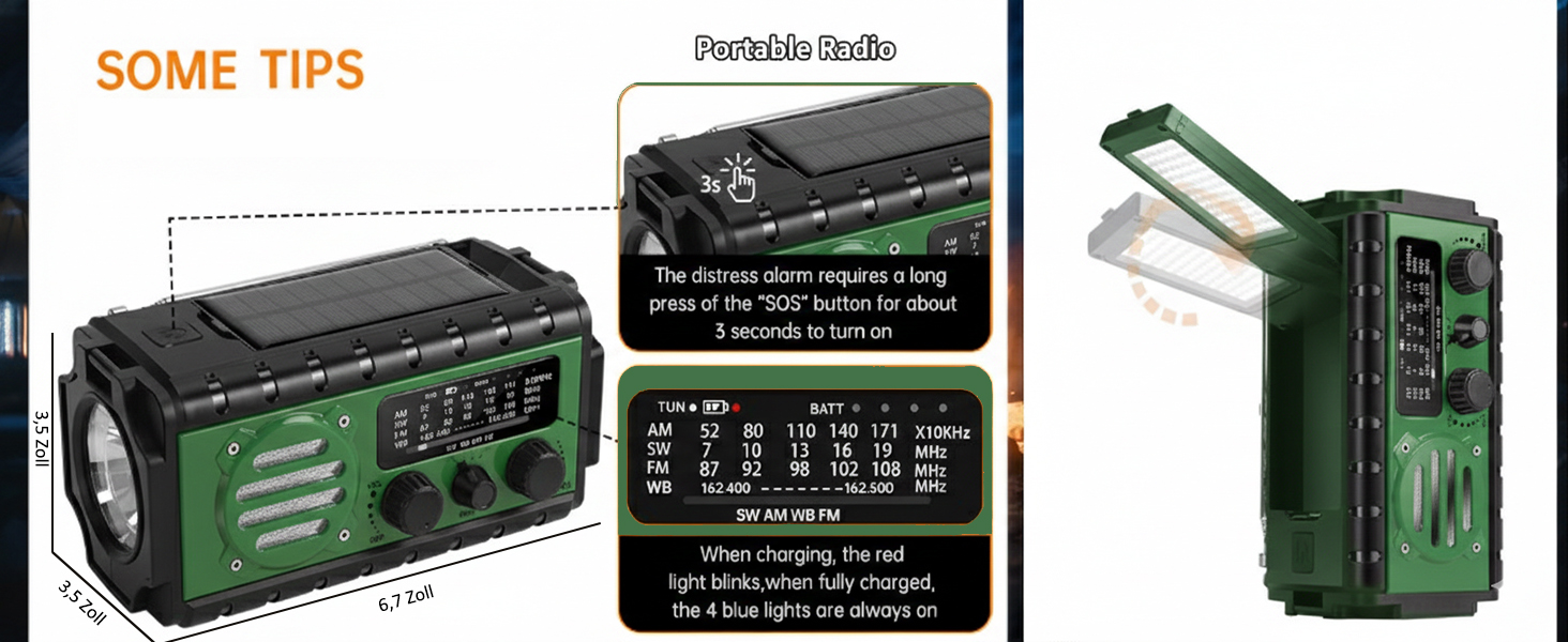 Радіо на сонячній батареї Solar Kurbelradio 20000mAh: FM/AM/SW, ліхтарик, зарядка USB, SOS-сигнал, для кемпінгу та надзвичайних ситуацій (зелене)