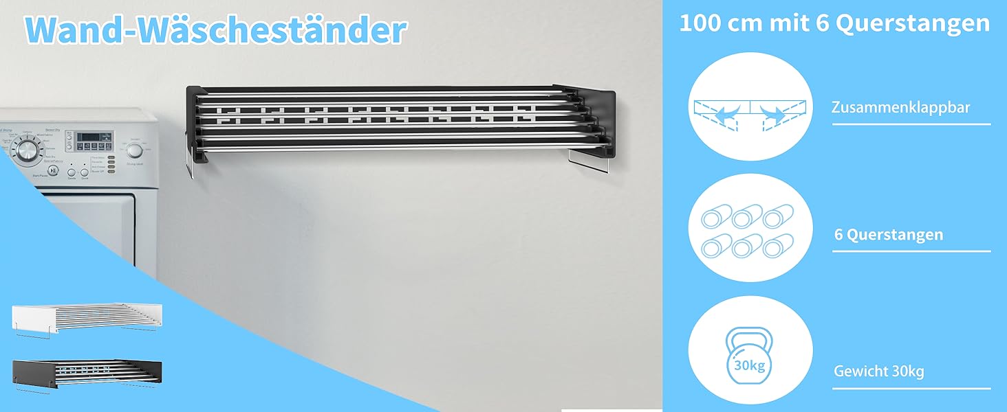 Настінна сушарка для білизни з довгими стрижнями, 5 ліній, розкладна, для ванної кімнати та вулиці (чорний, 100 см)