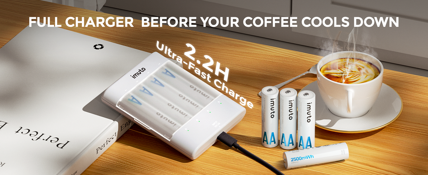 Imuto Акумулятори Li-Ion AA 2500mAh, 8 шт. з зарядним пристроєм, 1.5V, 1600+ циклів, низький саморозряд, 4CH8AA-2500DE