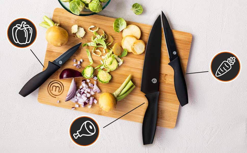 Набір кухонних ножів MasterChef: кухонний, овочевий, для чищення, нержавіюча сталь, антипригарне покриття, Soft-Touch ручки, чорний, 3 шт.