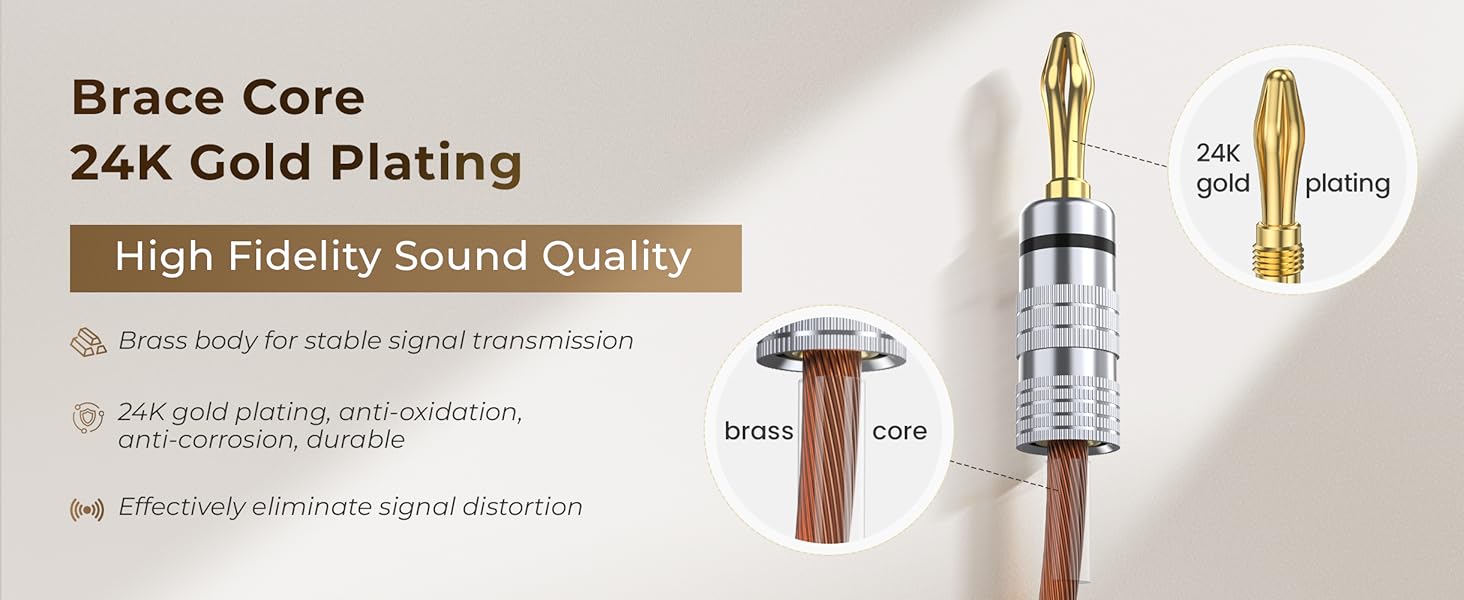 MOSWAG Бананові конектори для акустичних кабелів 4 шт. (2 пари), 24K позолота, для акустичних систем, AV-ресиверів, домашнього кінотеатру (підходить для кабелів діаметром до 4.5 мм)