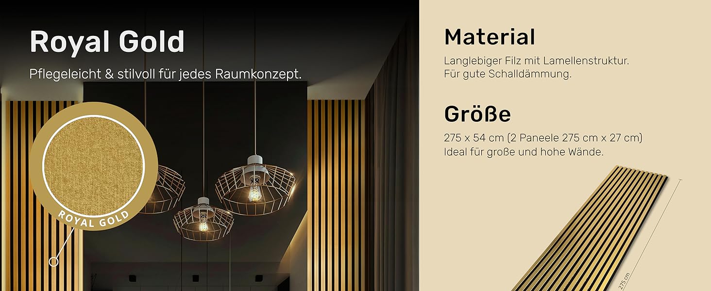 Акустичні настінні панелі з фетру Royal Gold 434, комплект 2 шт. (275x27 см), загальна площа 1,485 м²