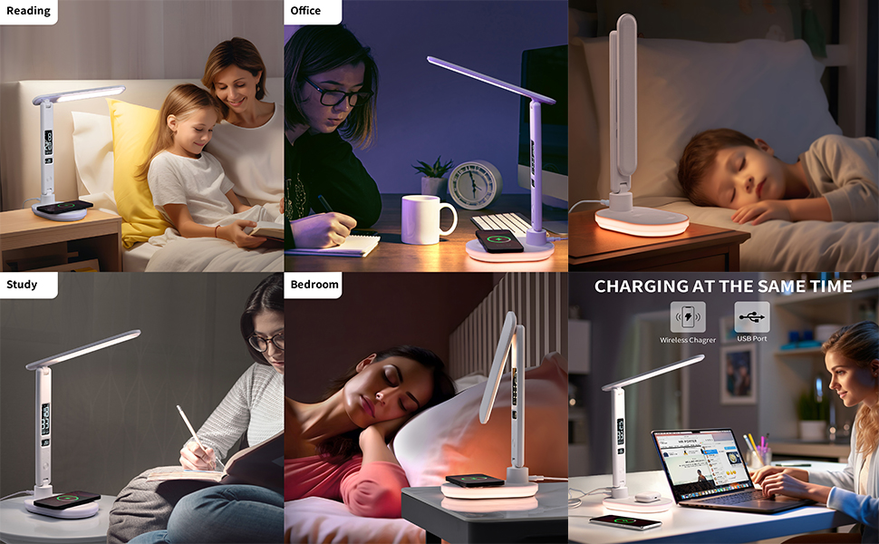 LED настільна лампа з USB зарядкою, годинником, LCD дисплеєм та регулюванням температури для спальні, офісу (біла)