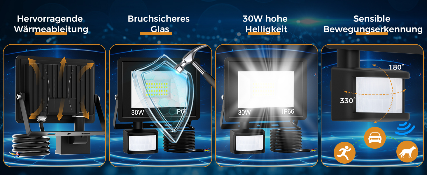 LED прожектор з датчиком руху для вулиці, 30Вт, суперяскравий, з пультом, водонепроникний IP66, 6500K холодне світло, для саду, гаража, двору, настінний, 2 шт.