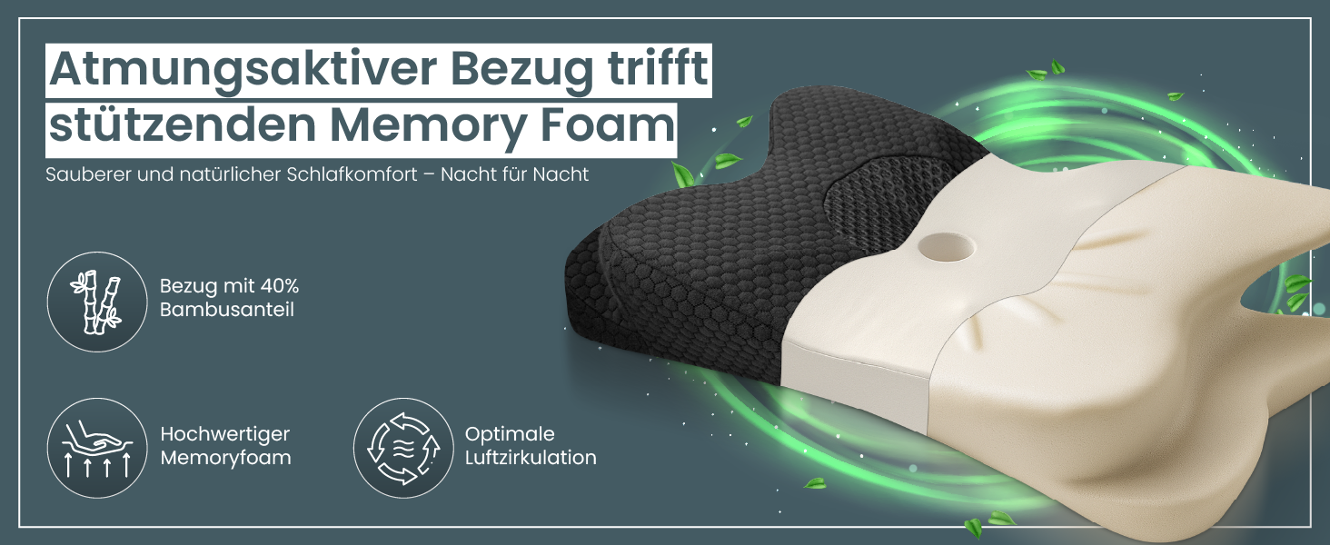 Ортопедична подушка для шиї Gentle North з ефектом пам'яті (Memory Foam), універсальна для будь-якої пози сну, зі знімним чохлом з бамбука, сіра