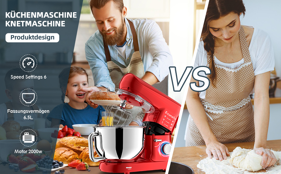 Кухонна машина для замішування тіста 2000W з чашею 6.5л з нержавіючої сталі, 6 швидкостей, з міксером, гаком для тіста, вінчиком та захистом від бризок (червона)